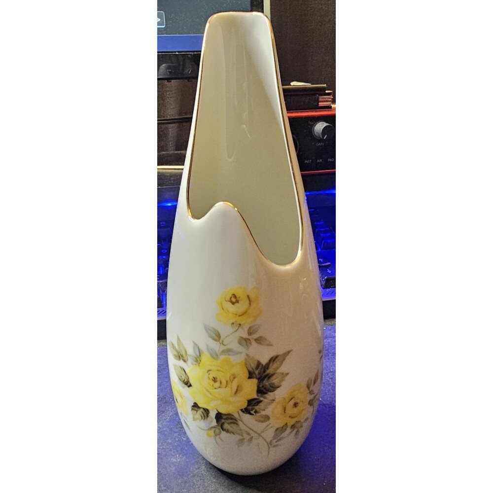 Vintage 1920s-30s Soko China Japan Art Deco Floral Vase Yellow Roses Gold Trim